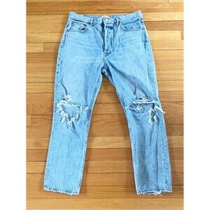 Agolde Blue Distressed Classic Denim High Rise Straight Leg Riley Crop Jeans 29